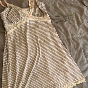 Soft Grey & Pink Silky Striped Lace Trim Slip